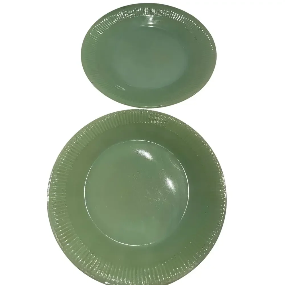 Vintage Two Fireking Green Ribbed Jadeite 9”Dinner Plates